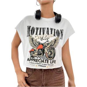 imageSOLY HUX Womens Y2k Vintage Graphic Short Sleeve Tee Tops Crew Neck Crop Tops for Summer Going Out T ShirtsWhite Motocycle
