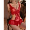 imageSOLY HUX Womens Lace Cut Out Teddy Bodysuit Lingerie V Neck Ruffle Hem Babydoll SleepwearPlain Red