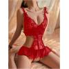 imageSOLY HUX Womens Lace Cut Out Teddy Bodysuit Lingerie V Neck Ruffle Hem Babydoll SleepwearPlain Red