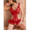 imageSOLY HUX Womens Lace Cut Out Teddy Bodysuit Lingerie V Neck Ruffle Hem Babydoll SleepwearPlain Red