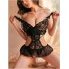 imageSOLY HUX Womens Lace Cut Out Teddy Bodysuit Lingerie V Neck Ruffle Hem Babydoll SleepwearPure Black