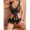 imageSOLY HUX Womens Lace Cut Out Teddy Bodysuit Lingerie V Neck Ruffle Hem Babydoll SleepwearPure Black