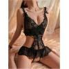 imageSOLY HUX Womens Lace Cut Out Teddy Bodysuit Lingerie V Neck Ruffle Hem Babydoll SleepwearPure Black