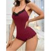 imageSOLY HUX Womens Lace Trim One Piece Sleepwear Spaghetti Strap Cami Romper Pajamas LoungewearBurgundy and Black