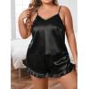 imageSOLY HUX Womens Plus Size Silk Satin Pajama Set Cami Top and Ruffle Hem Shorts Lounge SleepwearPure Black