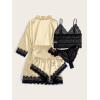 imageSOLY HUX Womens Satin Pajama Set 4pcs Floral Lace Trim Cami Lingerie Sleepwear with RobeBeige and Black