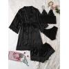 imageSOLY HUX Womens Satin Pajama Set 4pcs Floral Lace Trim Cami Lingerie Sleepwear with RobeBlack Solid