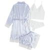 imageSOLY HUX Womens Satin Pajama Set 4pcs Floral Lace Trim Cami Lingerie Sleepwear with RobeBlue Striped