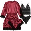 imageSOLY HUX Womens Satin Pajama Set 4pcs Floral Lace Trim Cami Lingerie Sleepwear with RobeBurgundy