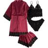 imageSOLY HUX Womens Satin Pajama Set 4pcs Floral Lace Trim Cami Lingerie Sleepwear with RobeBurgundy Solid