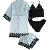 imageSOLY HUX Womens Satin Pajama Set 4pcs Floral Lace Trim Cami Lingerie Sleepwear with RobeLight Blue Solid