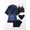 imageSOLY HUX Womens Satin Pajama Set 4pcs Floral Lace Trim Cami Lingerie Sleepwear with RobeNavy and Black