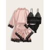 imageSOLY HUX Womens Satin Pajama Set 4pcs Floral Lace Trim Cami Lingerie Sleepwear with RobePink