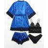 imageSOLY HUX Womens Satin Pajama Set 4pcs Floral Lace Trim Cami Lingerie Sleepwear with RobePlain Blue Satin