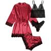 imageSOLY HUX Womens Satin Pajama Set 4pcs Floral Lace Trim Cami Lingerie Sleepwear with RobePure Burgundy