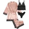 imageSOLY HUX Womens Satin Pajama Set 4pcs Floral Lace Trim Cami Lingerie Sleepwear with RobePure Pink