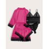 imageSOLY HUX Womens Satin Pajama Set 4pcs Floral Lace Trim Cami Lingerie Sleepwear with RobePure Pink and Black