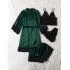 imageSOLY HUX Womens Satin Pajama Set 4pcs Floral Lace Trim Cami Lingerie Sleepwear with RobeSatin Dark Green