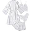 imageSOLY HUX Womens Satin Pajama Set 4pcs Floral Lace Trim Cami Lingerie Sleepwear with RobeWhite Solid