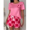 imageSOLY HUX Womens Short Pajama Set Satin Silk Loungewear Graphic Short Sleeve Top Shorts Sleepwear 2 PiecePink Graphic