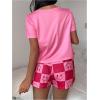 imageSOLY HUX Womens Short Pajama Set Satin Silk Loungewear Graphic Short Sleeve Top Shorts Sleepwear 2 PiecePink Graphic