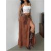 imageSOLY HUX Womens Summer Split Maxi Skirt Tie Front Elastic Waist Lace Ruffle Hem Long Flowy SkirtsPure Coffee Brown