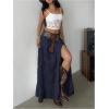 imageSOLY HUX Womens Summer Split Maxi Skirt Tie Front Elastic Waist Lace Ruffle Hem Long Flowy SkirtsPure Dark Blue