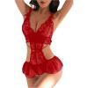 imageSOLY HUX Womens Lace Cut Out Teddy Bodysuit Lingerie V Neck Ruffle Hem Babydoll SleepwearPlain Red