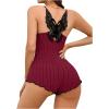 imageSOLY HUX Womens Lace Trim One Piece Sleepwear Spaghetti Strap Cami Romper Pajamas LoungewearBurgundy and Black