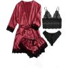 imageSOLY HUX Womens Satin Pajama Set 4pcs Floral Lace Trim Cami Lingerie Sleepwear with RobeBurgundy