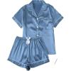 imageSOLY HUX Womens Silk Satin Pajamas Short Sleeve Button Down Sleepwear Loungewear Shorts Set 2 PiecePlain Blue