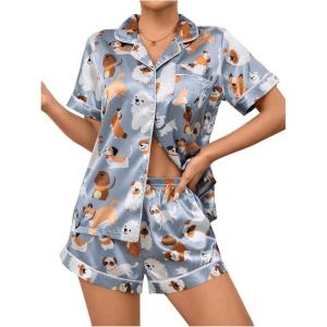 imageSOLY HUX Cute Satin Pajama Sets for Women Preppy Summer Pajamas for Teen Girls 2 Piece Silk Pjs Shorts Lounge SetBlue Dog