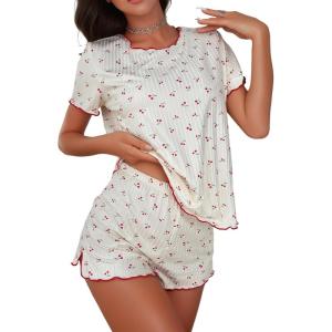 imageSOLY HUX Pajama Set for Women 2 Piece Lounge Sets Cute Print Short Sleeve Tee and Shorts Soft Pj SleepwearBeige Cherry