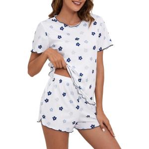 imageSOLY HUX Pajama Set for Women Cute Print Short Sleeve Tee and Shorts Lounge SleepwearBlue and White Floral Print