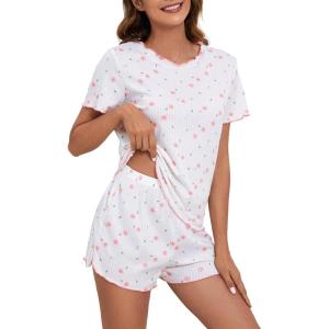 imageSOLY HUX Pajama Set for Women Cute Print Short Sleeve Tee and Shorts Lounge SleepwearWhite Floral