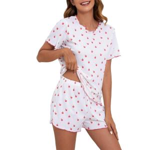 imageSOLY HUX Pajama Set for Women Cute Print Short Sleeve Tee and Shorts Lounge SleepwearWhite Printed