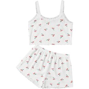 imageSOLY HUX Pajama Sets for Women 2 Piece Lace Trim Cherry Print Sleepwear Cami Top and Shorts LoungewearWhite Cherry