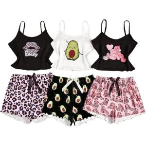 imageSOLY HUX Pajama Sets for Women 6 Piece Cute Graphic Print Sleepwear Cami Top and Shorts LoungewearMulticoloured