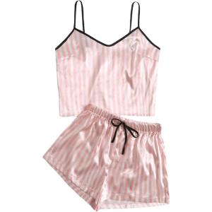 imageSOLY HUX Womens 2 Piece Satin Pajama Sets Cute Striped V Neck Crop Top and Drawstring Shorts SleepwearLight Pink Striped
