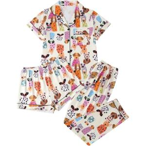 imageSOLY HUX Womens 3 Piece Lounge Set Summer Printed Button Down Sleepwear Shirt and Shorts Pants PajamasBeige Graphic