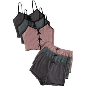 imageSOLY HUX Womens 3 Sets Pajamas Lounge Sets Cute Bow Front Crop Cami Tops and Shorts PJs SleepwearGrey Green Pink