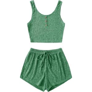 imageSOLY HUX Womens Button Front Ribbed Knit Tank Top and Shorts Pajama Set Sleepwear Lounge SetsGreen