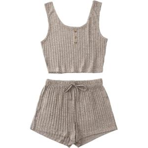 imageSOLY HUX Womens Button Front Ribbed Knit Tank Top and Shorts Pajama Set Sleepwear Lounge SetsKhaki