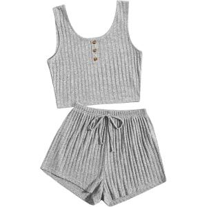 imageSOLY HUX Womens Button Front Ribbed Knit Tank Top and Shorts Pajama Set Sleepwear Lounge SetsLight Grey