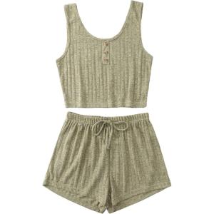 imageSOLY HUX Womens Button Front Ribbed Knit Tank Top and Shorts Pajama Set Sleepwear Lounge SetsLime Green
