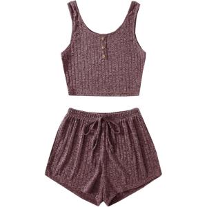 imageSOLY HUX Womens Button Front Ribbed Knit Tank Top and Shorts Pajama Set Sleepwear Lounge SetsMauve Purple