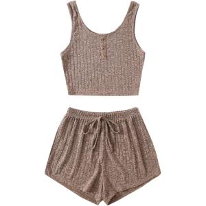 imageSOLY HUX Womens Button Front Ribbed Knit Tank Top and Shorts Pajama Set Sleepwear Lounge SetsMocha Brown