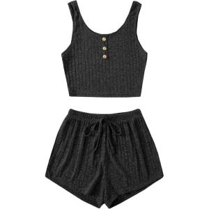 imageSOLY HUX Womens Button Front Ribbed Knit Tank Top and Shorts Pajama Set Sleepwear Lounge SetsPlain Black