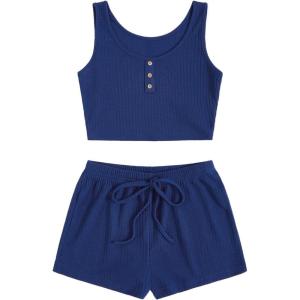 imageSOLY HUX Womens Button Front Ribbed Knit Tank Top and Shorts Pajama Set Sleepwear Lounge SetsPlain Dark Blue