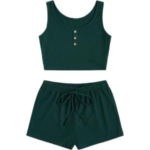 imageSOLY HUX Womens Button Front Ribbed Knit Tank Top and Shorts Pajama Set Sleepwear Lounge SetsPlain Dark Green